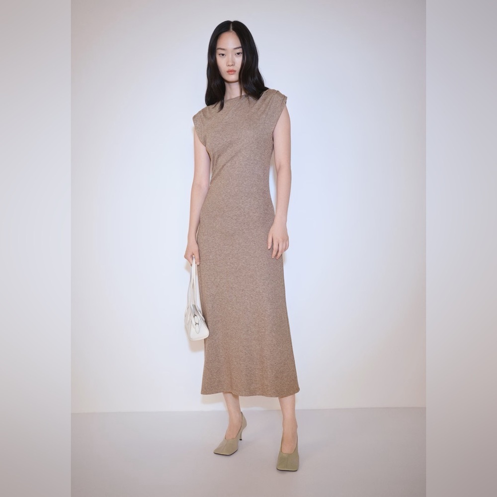 Mango brown midi dress with structured shoulders NWT